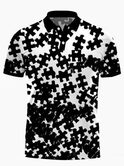 Puzzle Print Men's Short Sleeve Button Polo Shirt