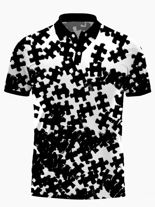 Puzzle Print Men's Short Sleeve Button Polo Shirt