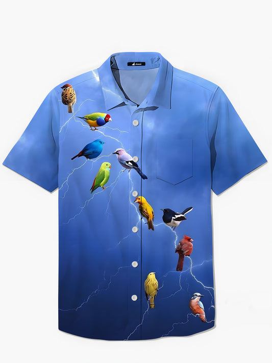 Bird Print Men's Pocket Short Sleeve Shirts