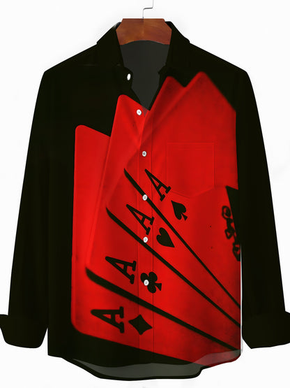 Poker Print Men's Pocket Long Sleeve Shirts