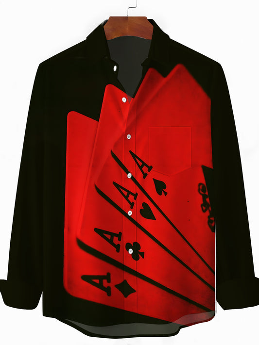 Poker Print Men's Pocket Long Sleeve Shirts