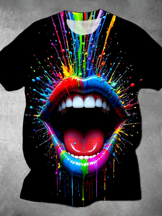 Mouth Tie Dye Round Neck Short Sleeve Men's T-shirt