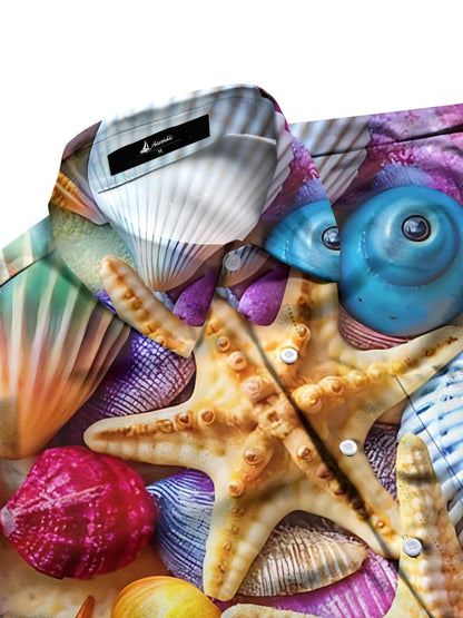 Hawaiian Shell Starfish Print Men's Pocket Short Sleeve Shirts