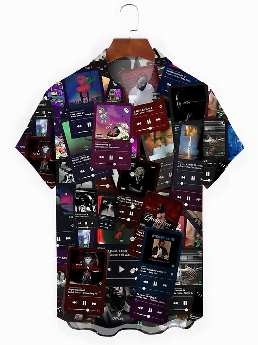 Music Print Men's Pocket Short Sleeve Shirts