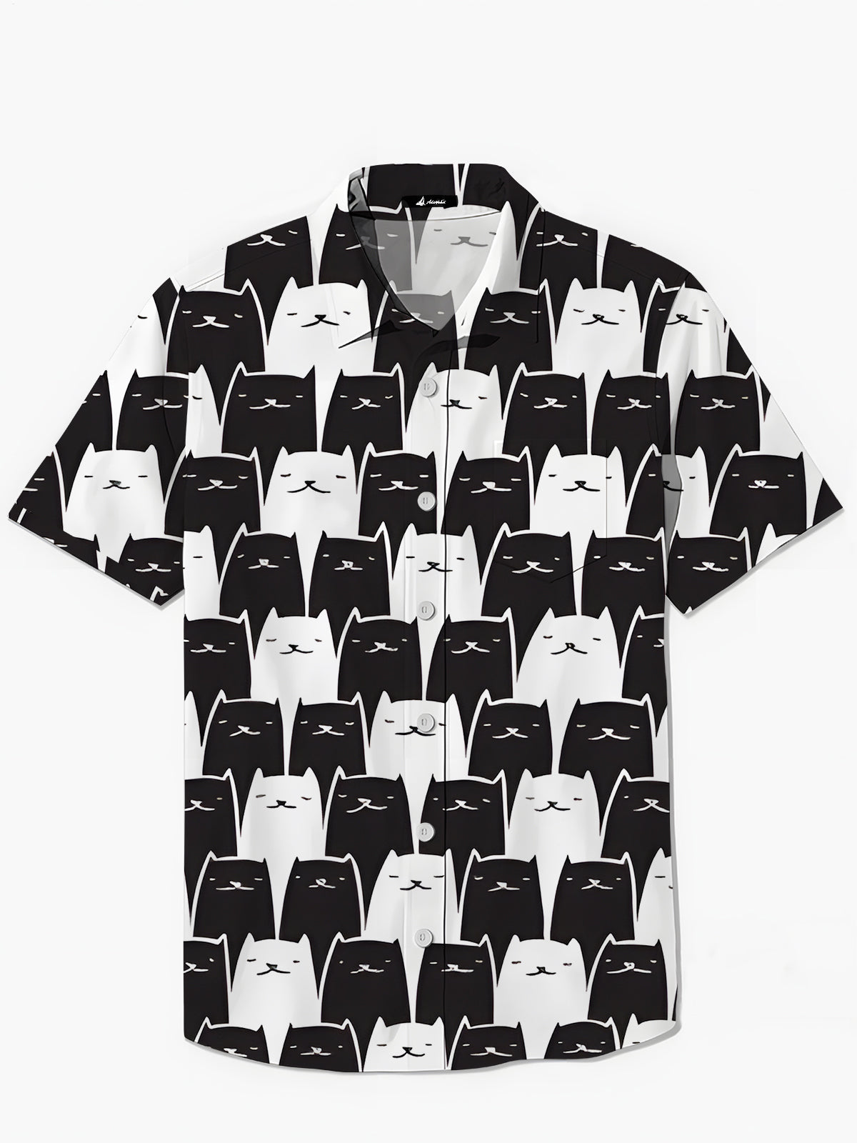 Black White Cat Print Men's Pocket Short Sleeve Shirts