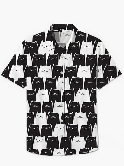 Black White Cat Print Men's Pocket Short Sleeve Shirts