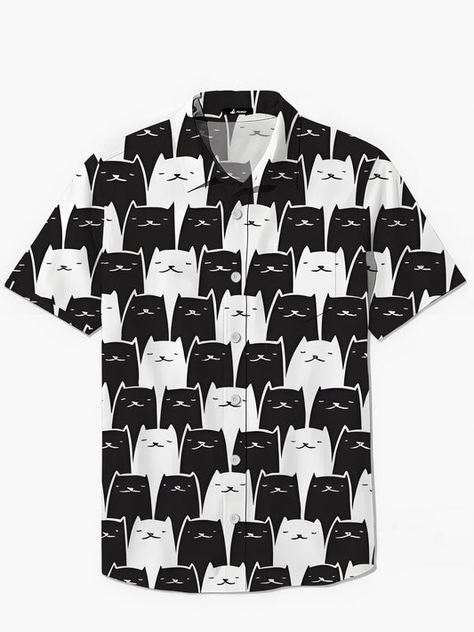 Black White Cat Print Men's Pocket Short Sleeve Shirts