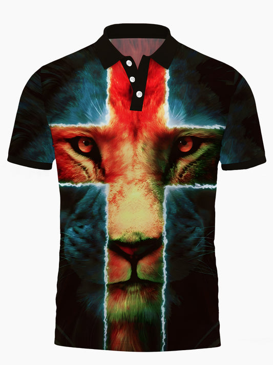 Lion Print Men's Short Sleeve Button Polo Shirt