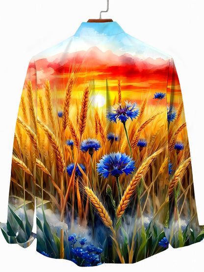Wheat Floral Men's Pocket Long Sleeve Shirts