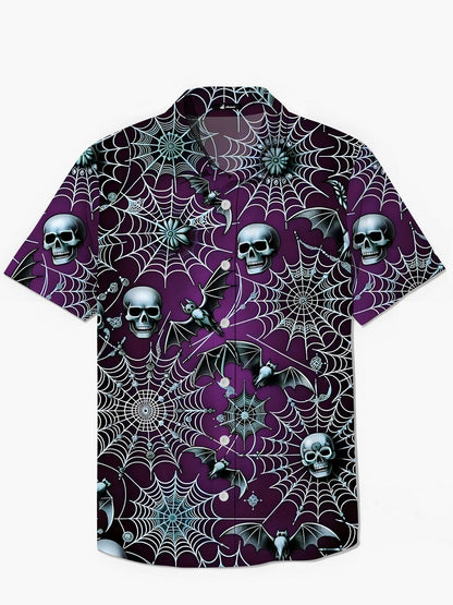 Skull Bat Spider Web Print Men's Pocket Short Sleeve Shirts