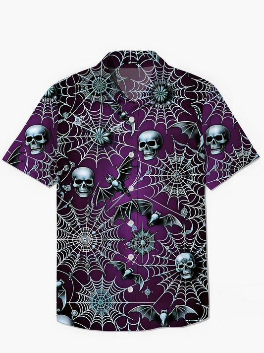 Skull Bat Spider Web Print Men's Pocket Short Sleeve Shirts