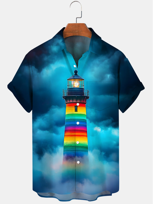 Lighthouse Print Men's Pocket Short Sleeve Shirts