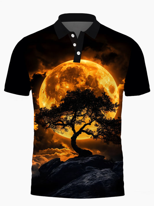 Moon Tree Print Men's Short Sleeve Button Polo Shirt