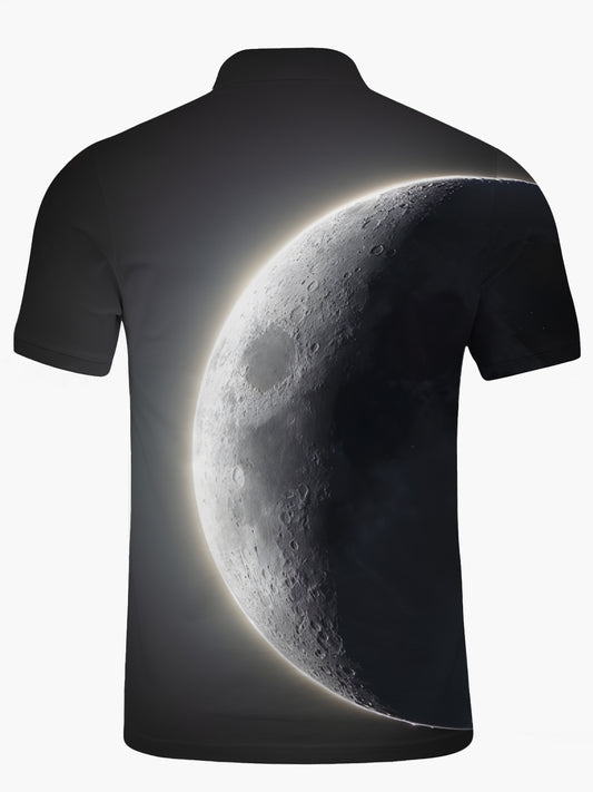Cosmic Planet Print Men's Short Sleeve Button Polo Shirt