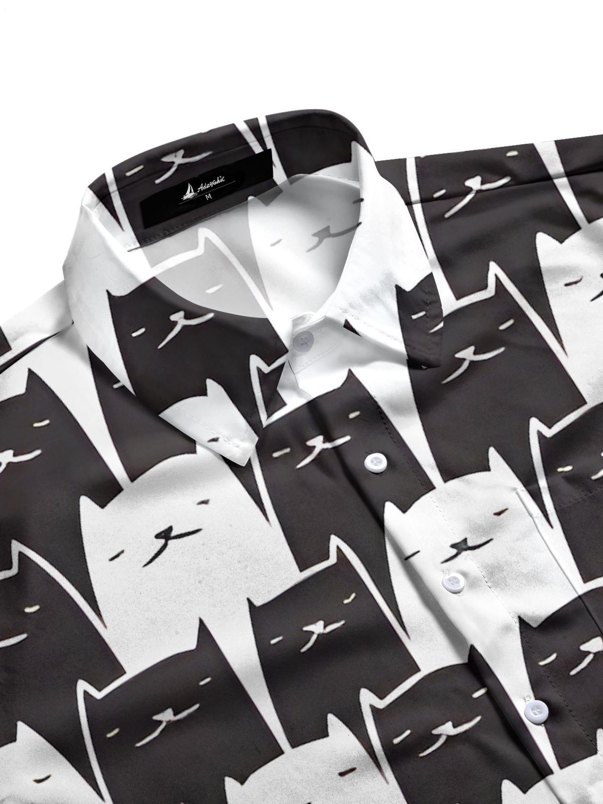 Black White Cat Print Men's Pocket Short Sleeve Shirts