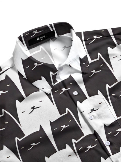 Black White Cat Print Men's Pocket Short Sleeve Shirts