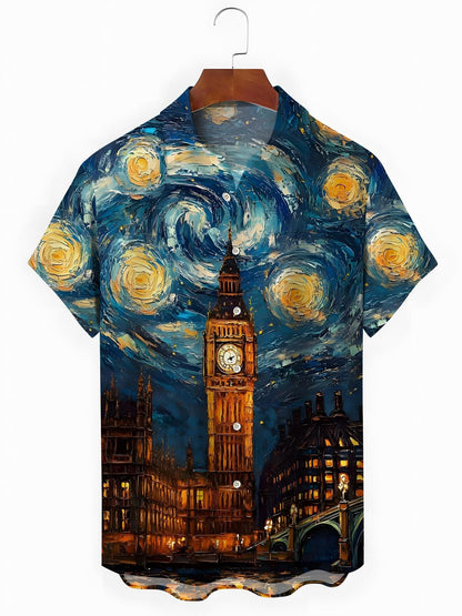 Oil Painting Art Print Men's Pocket Short Sleeve Shirts