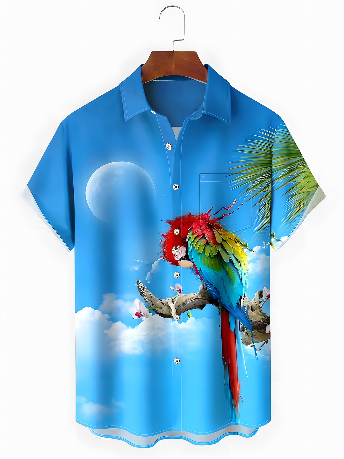 Hawaiian Parrot Coconut Tree Men's Pocket Short Sleeve Shirts