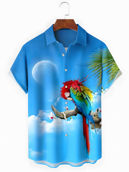 Hawaiian Parrot Coconut Tree Men's Pocket Short Sleeve Shirts