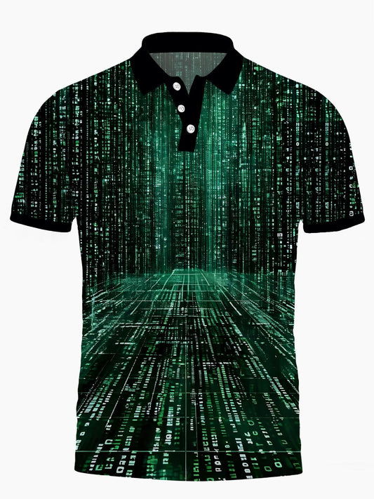 Code Print Men's Short Sleeve Button Polo Shirt