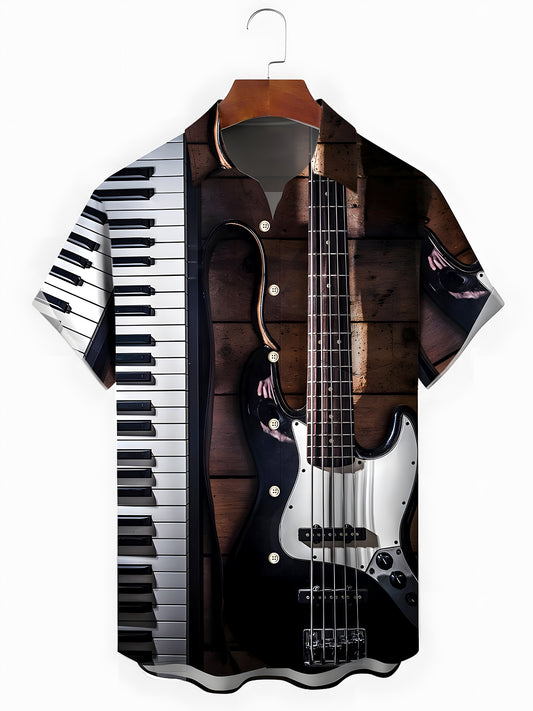 Piano Guitar Men's Pocket Short Sleeve Shirts