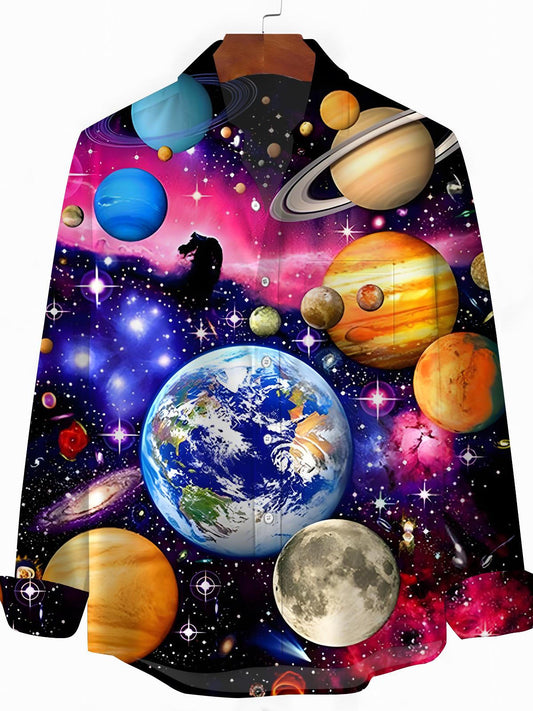 Universe Planet Print Men's Pocket Long Sleeve Shirts