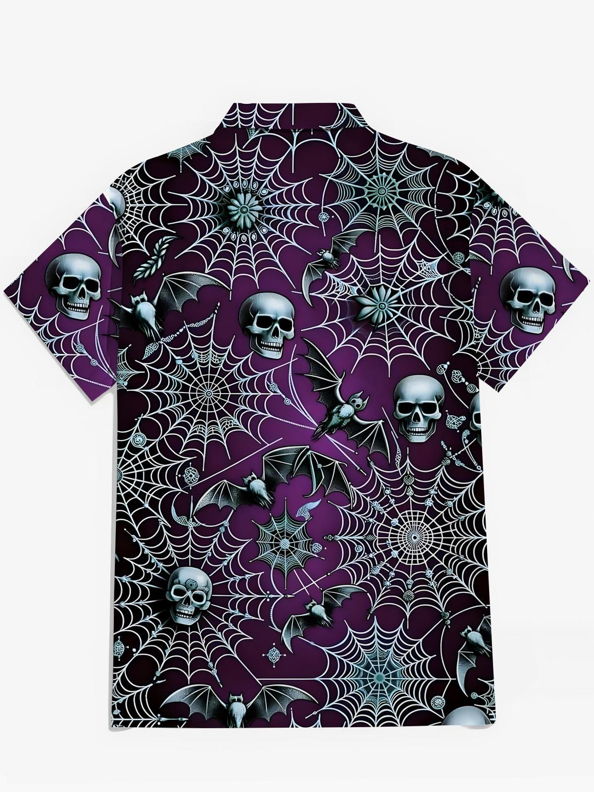 Skull Bat Spider Web Print Men's Pocket Short Sleeve Shirts