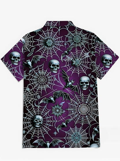 Skull Bat Spider Web Print Men's Pocket Short Sleeve Shirts