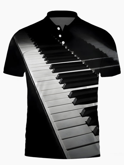 Piano Print Men's Short Sleeve Button Polo Shirt