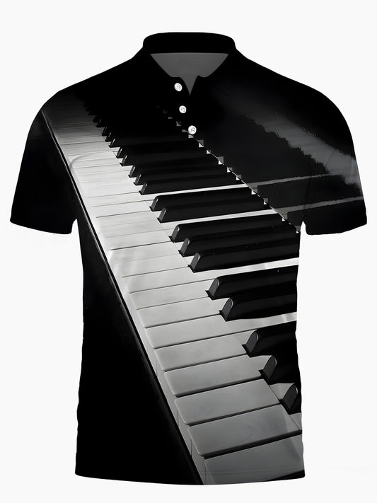 Piano Print Men's Short Sleeve Button Polo Shirt