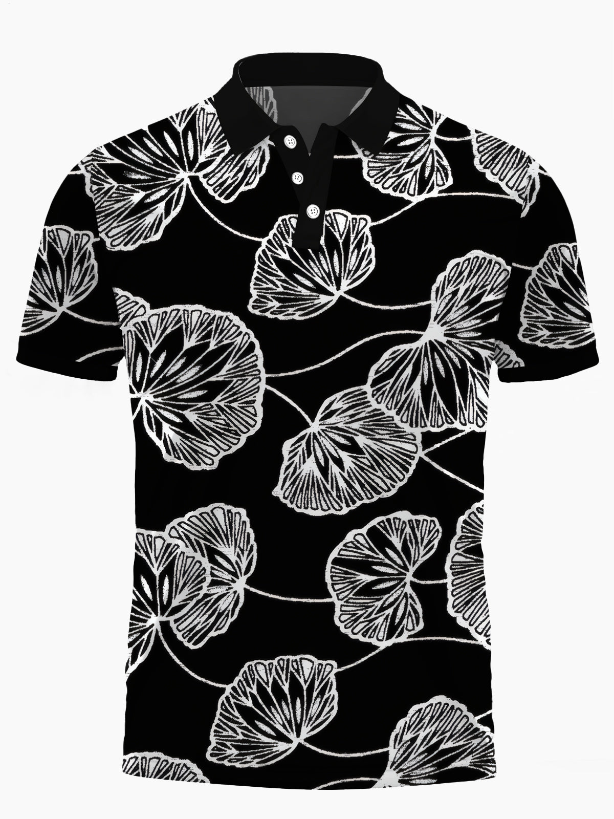 Leaf Print Men's Short Sleeve Button Polo Shirt