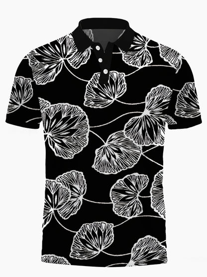 Leaf Print Men's Short Sleeve Button Polo Shirt