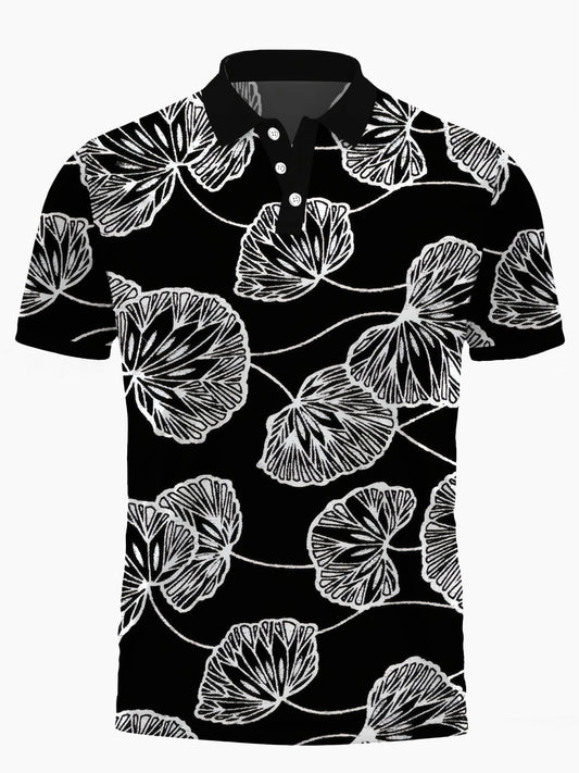 Leaf Print Men's Short Sleeve Button Polo Shirt