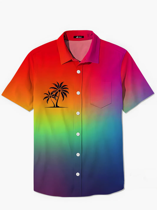 Tie Dye Coconut Tree Men's Pocket Short Sleeve Shirts