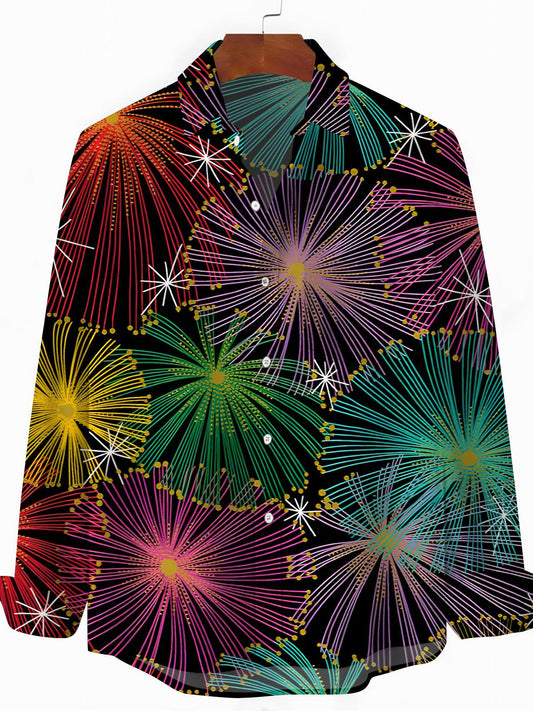 Fireworks Print Men's Pocket Long Sleeve Shirts