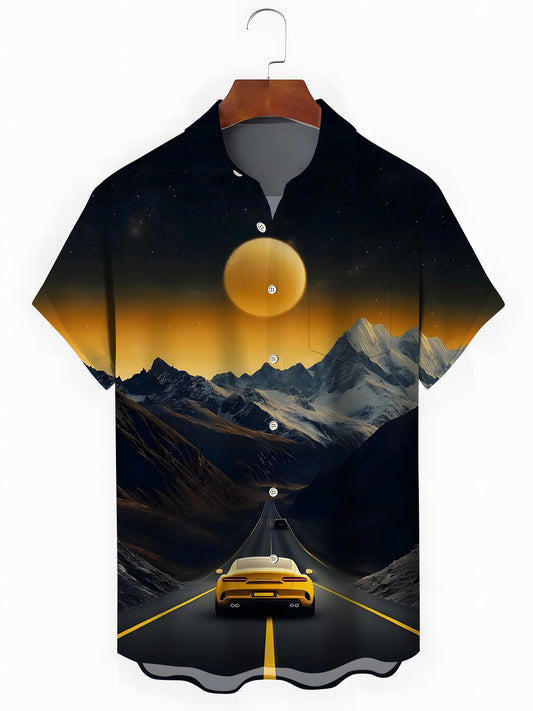 Sunset Mmountain Car Print Men's Pocket Short Sleeve Shirts