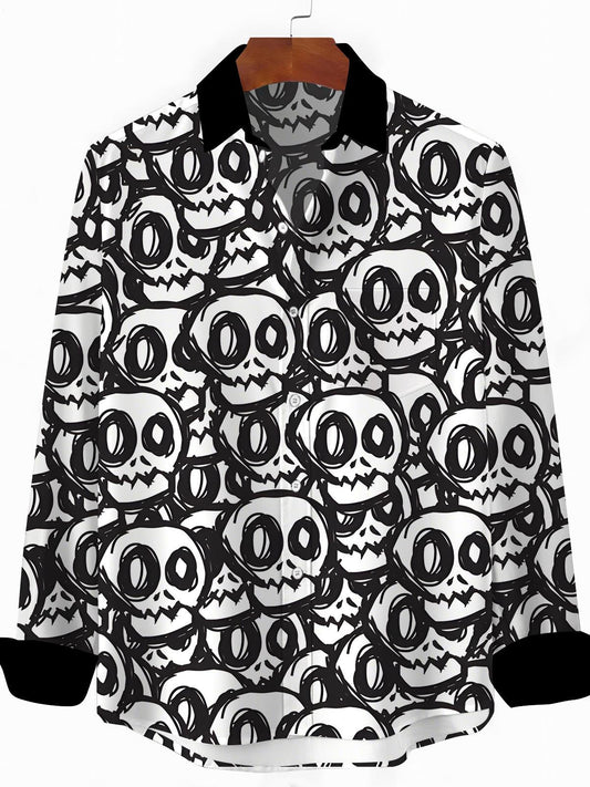Funny Skull Print Men's Pocket Long Sleeve Shirts