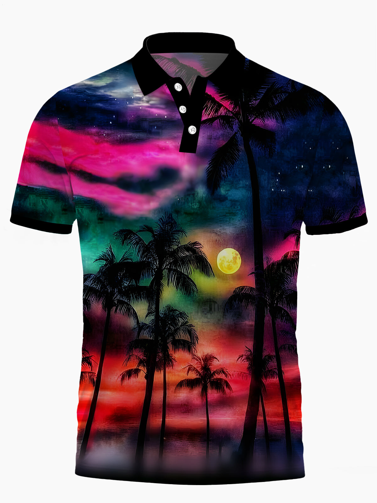Hawaiian Coconut Tree Print Men's Short Sleeve Button Polo Shirt