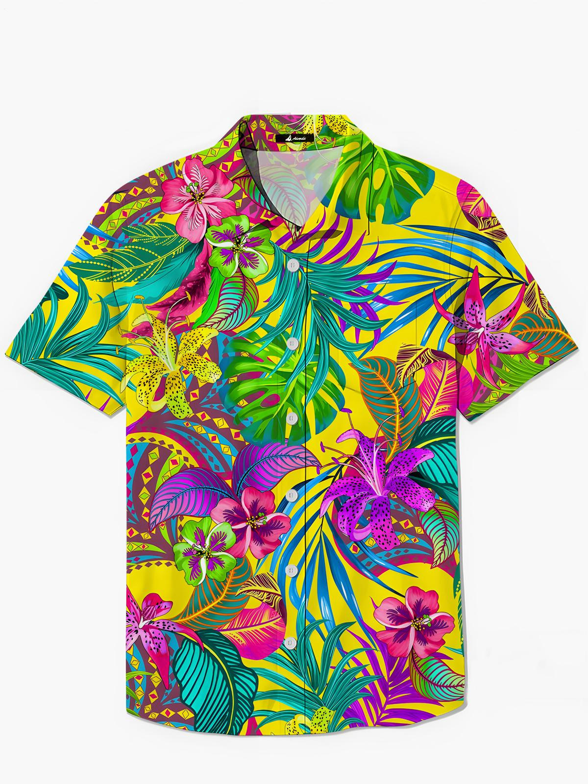 Floral Leaf Print Men's Pocket Short Sleeve Shirts