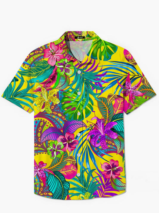 Floral Leaf Print Men's Pocket Short Sleeve Shirts