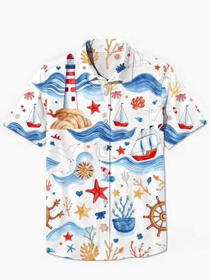 Ocean Lighthouse Ship Print Men's Pocket Short Sleeve Shirts