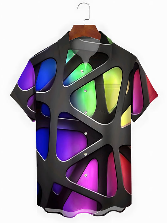 Gradient Geometric Print Men's Pocket Short Sleeve Shirts