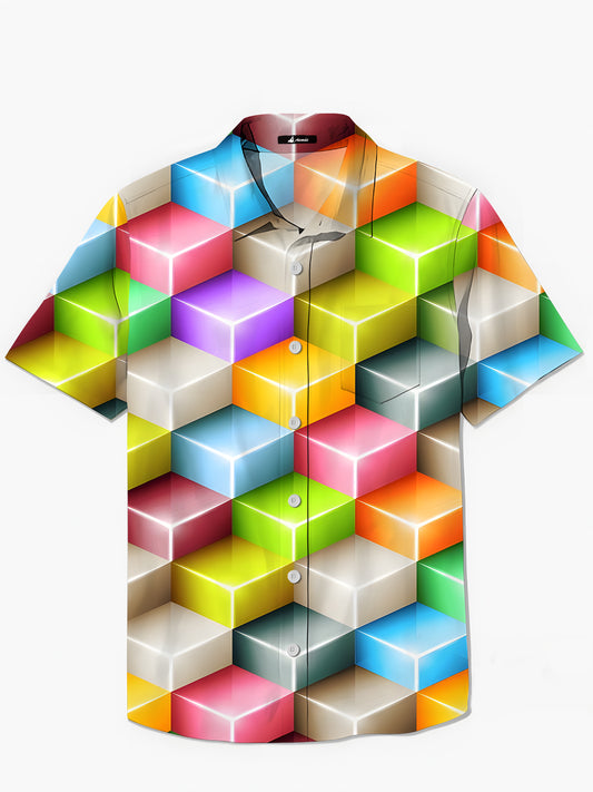 Geometric Square Print Men's Pocket Short Sleeve Shirts