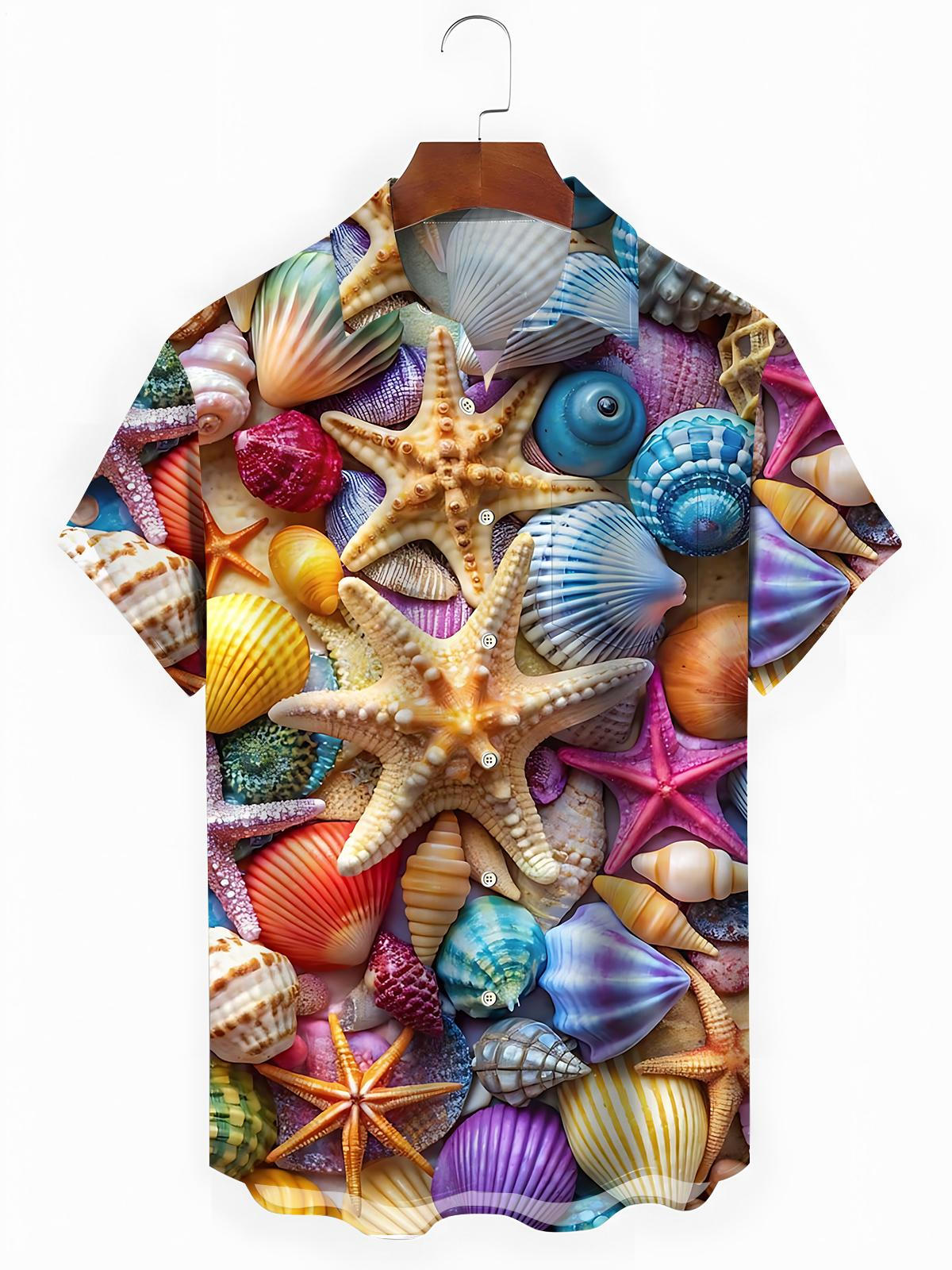 Hawaiian Shell Starfish Print Men's Pocket Short Sleeve Shirts