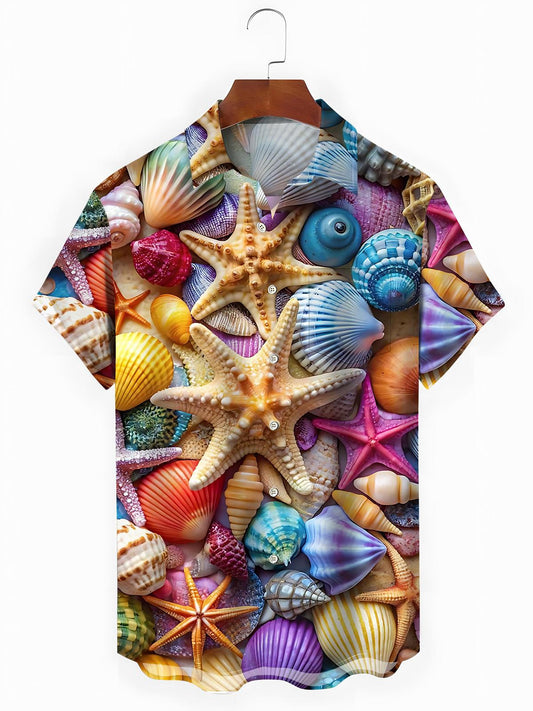 Hawaiian Shell Starfish Print Men's Pocket Short Sleeve Shirts