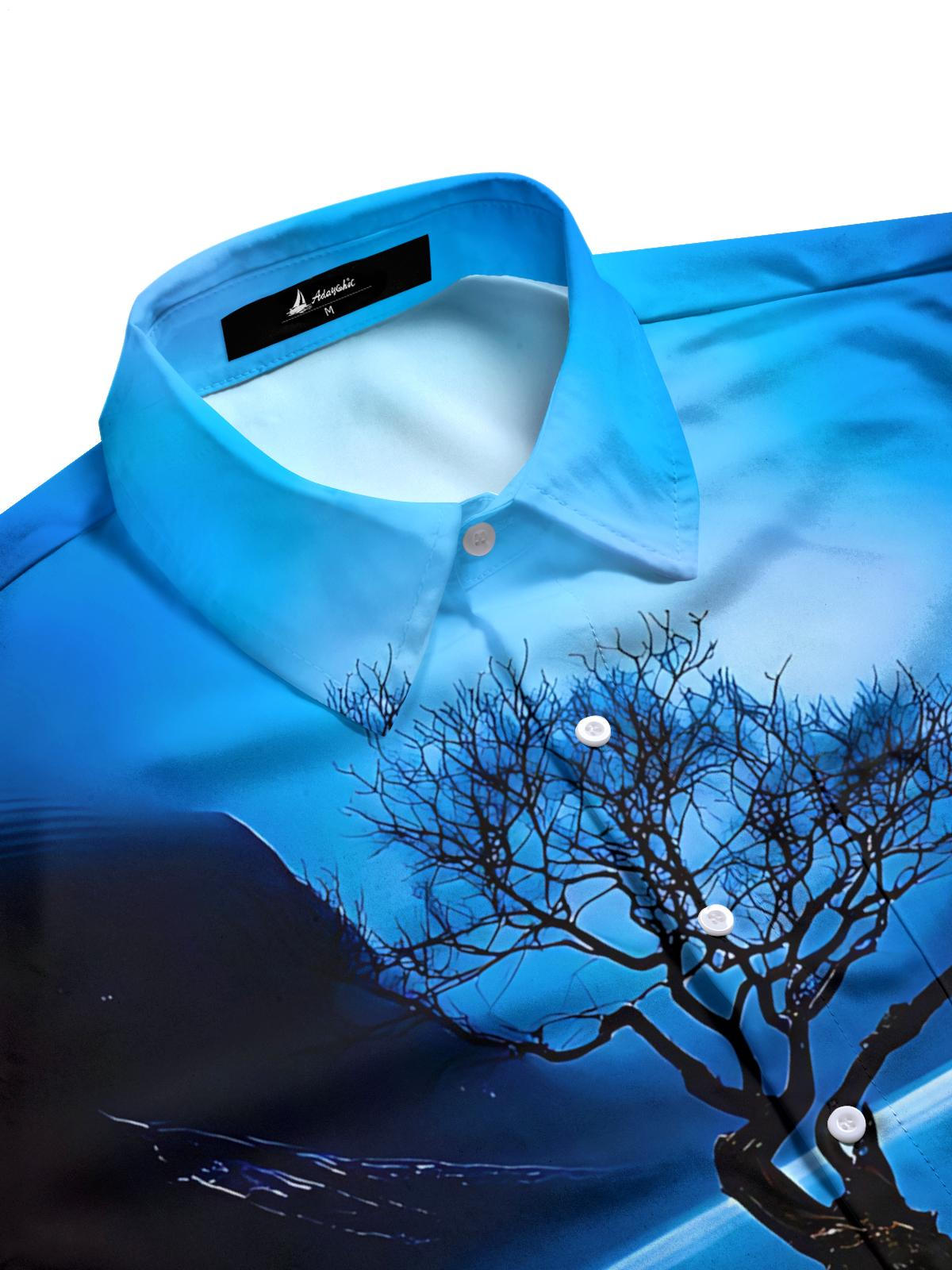 Landscape Tree Print Men's Pocket Short Sleeve Shirts