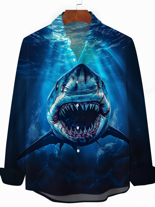 Shark Print Men's Pocket Long Sleeve Shirts