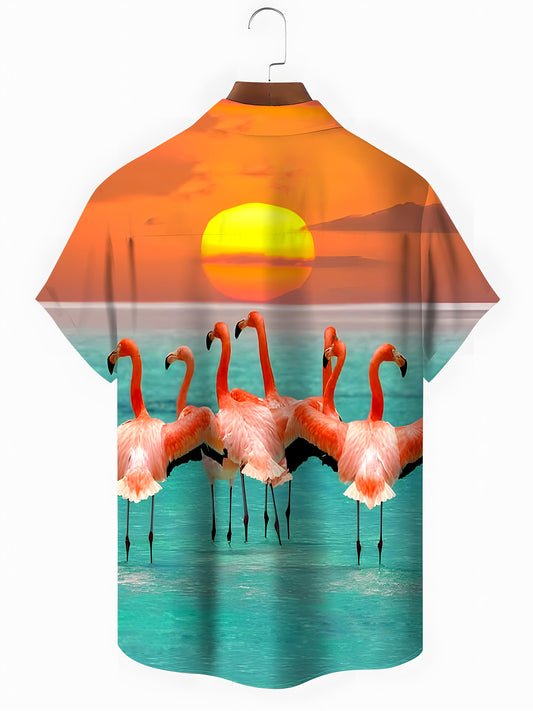 Hawaiian Flamingo Sunset Men's Pocket Short Sleeve Shirts