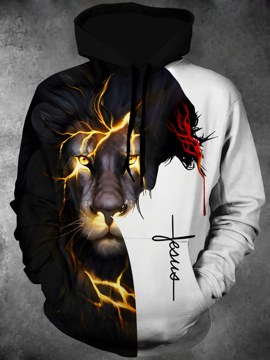 Black White Lion Faith Long Sleeve Hooded Pocket Men's Top