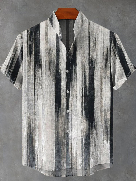 Gradient Print Men's Pocket Short Sleeve Stand Collar Shirts